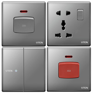 Công tắc 20A, 45A, nút chuông, ổ mạng, ổ thoại, ổ usb, dimmer quạt, đèn, cảm biến mặt vuông Uten Z9 mặt kính màu xám