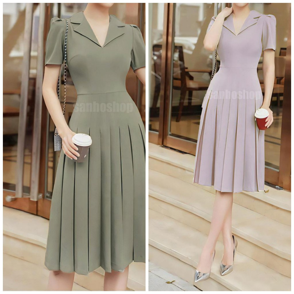 ĐẦM MIDI R4LPH PLEATED SHORT SLEEVE