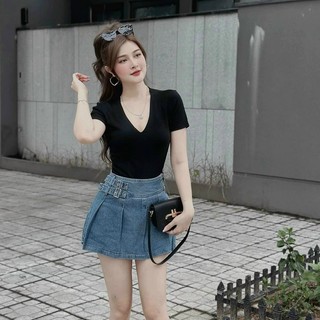 Áo thun gân tăm + váy jean xếp ly điệu đà hot hit - olivia