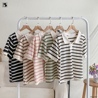 Áo thun nữ Twentyfive ngắn tay cổ bẻ họa tiết kẻ ngang vải thun tổ ong co dãn 5667