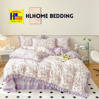 Bộ chăn ga cotton phủ bèo ren, ga phủ chần bông, vỏ chăn kèm 2 vỏ gối đầu Họa tiết vintage thoáng mát