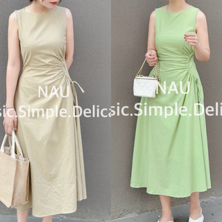 Đầm Linen dáng midi nhíu eo tôn dáng