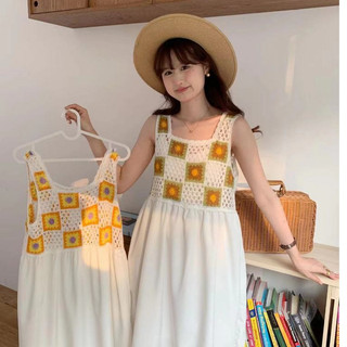 HỎA TỐC HCM Đầm trắng phối crochet họa tiết đi biển không tay D50
