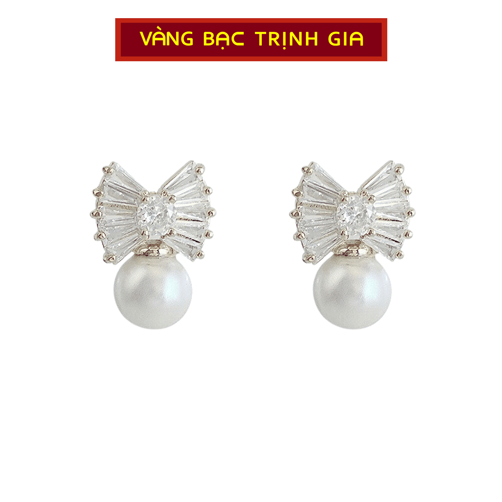 Khuyên tai bạc nữ vàng bạc trịnh gia hình nơ đính đá và ngọc 3179SV