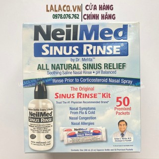 [ Nguyên set ] Bộ rửa mũi Neilmed Sinus Rinse (1 bình 240ml  + 50 gói muối); hàng Mỹ date xa