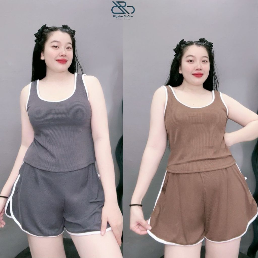 Set bộ đồ thể thao nữ Bigsize Cô Nhỏ Áo Ba Lỗ Viền Kèm Quần Short Đùi Chất Gân Tăm Co Giãn cá tính mềm mát SET33