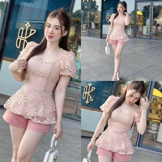 Sét bộ đồ thời trang nữ thiết kế quần đùi áo ren cổ chữ u hàng loại 1 chuẩn from