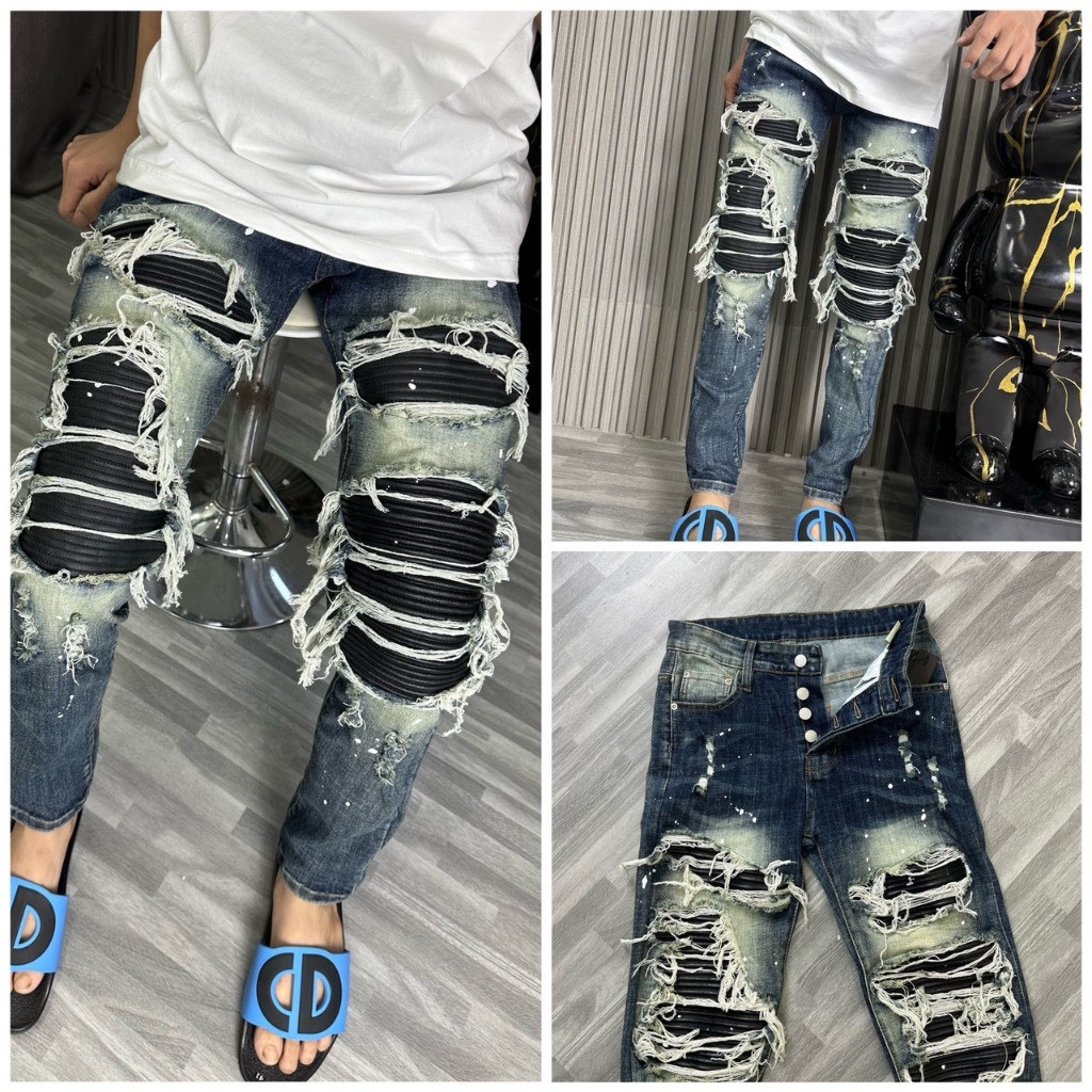 Quần jean nam cao cấp mẫu mới xanh đậm vá da thời trang phong cách vải dày dặn