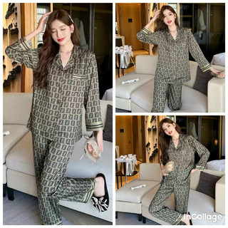 Bộ lụa mặc nhà pijama nữ tay dài quần dài fendiiii lụa xước quảng châu cao cấp mát mềm mịn lovelyphan pijama
