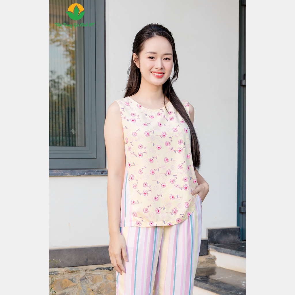 Bộ lanh nữ mặc nhà mùa hè Việt Thắng quần lửng áo sát nách - B05.2406