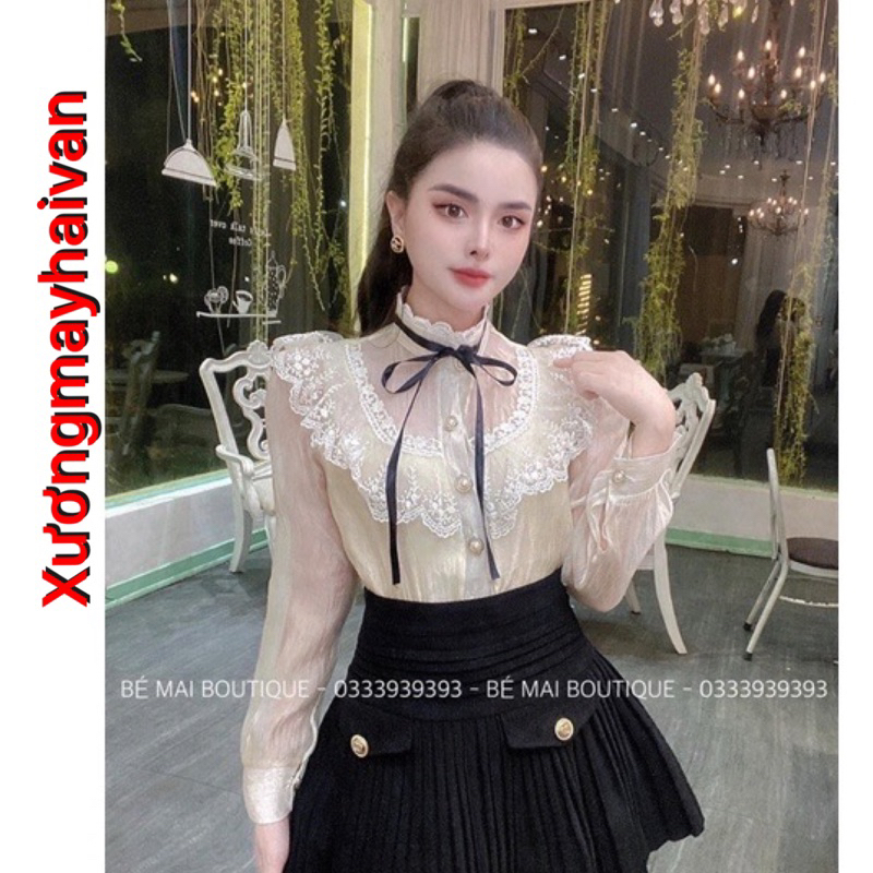 HV - Áo sơ mi bèo ren cổ trụ kèm nơ đen