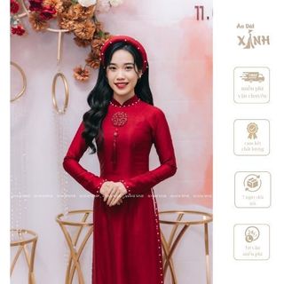 Áo Dài Cô Dâu Đính chữ Thập trước ngực vải lụa vân gỗ cao cấp.