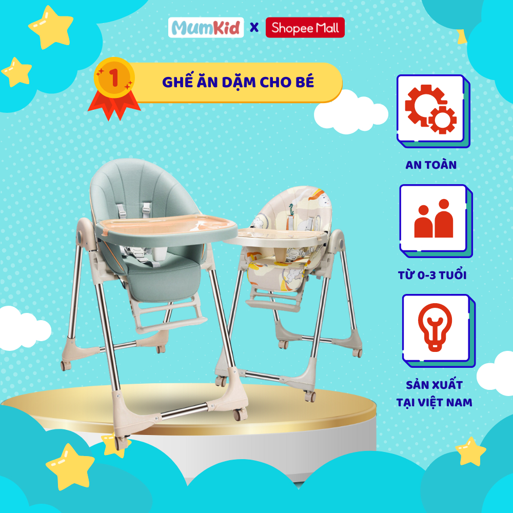 Ghế Ăn Dặm Gấp Gọn mumKid Cho Bé Cao Cấp, Tùy Chỉnh Nâng Hạ Ngả Lưng 3 Cấp Độ Kem Đai An Toàn - Bảo Hành 12 Tháng