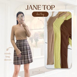 Áo dài tay viền bèo vải xốp nhăn co giãn JANE TOP