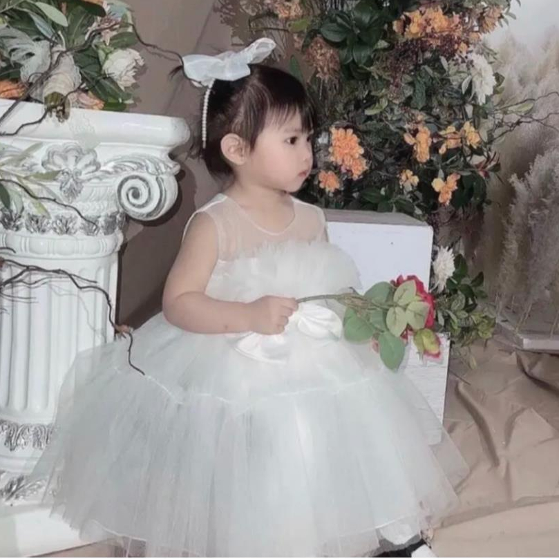 Váy Xếp Ngực Nơ Eo Xinh Xắn Cho Bé, Tặng Kèm Bờm Xinh Xắn