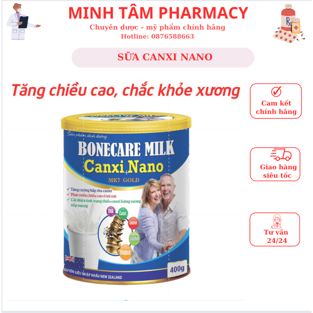 Sữa Boncare Milk Canxi Nano MK7 giúp tăng chiều cao, chắc khỏe xương khớp - 400g (Sữa Boncare Milk Canxi Nano MK7) TRẮNG