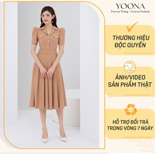 Đầm thiết kế cổ bẻ tay bồng xếp ly có đai cách điệu chất Twill silk YOONA - NH10X117