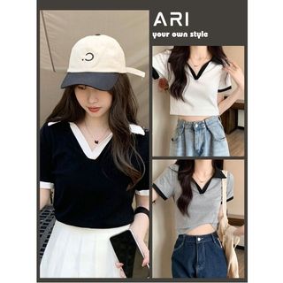 Áo thun nữ cổ V chạy viền thời trang thể thao, Áo polo cổ bẻ chạy viền thời trang hàn quốc - ARI