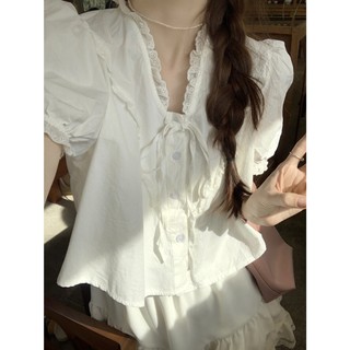 Áo sơ mi nữ, áo điệu cổ thắt nơ dáng ngắn tay bồng, áo Croptop phối chân váy