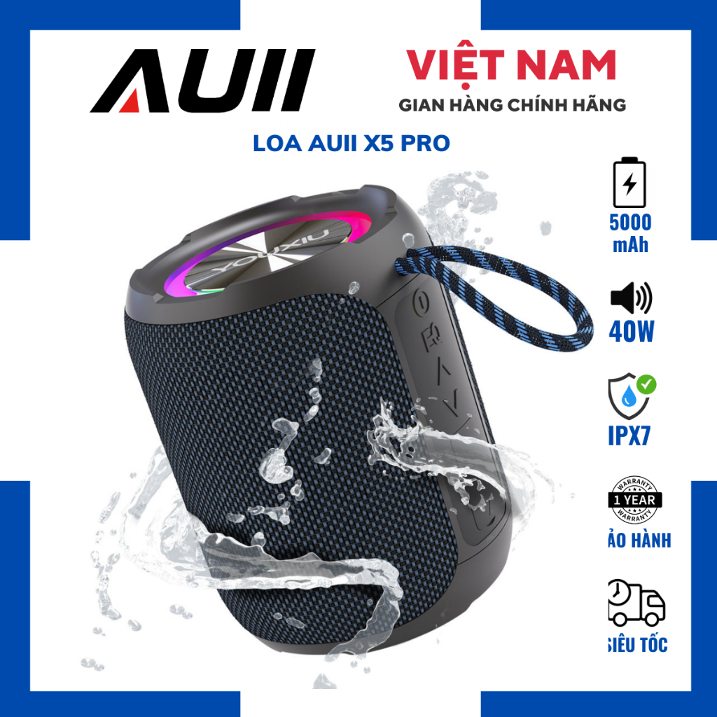 Loa Auii X5 Pro| Loa Bluetooth Mini Công suất 40W, Loa Bass Căng, Pin 5000mAh, Kháng nước IPX7 - Chính hãng, BH 12th