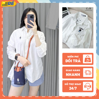Áo sơ mi trắng thêu hình Gấu Whoau cổ đức dài tay Sơ mi thêu gấu C&H Clothing