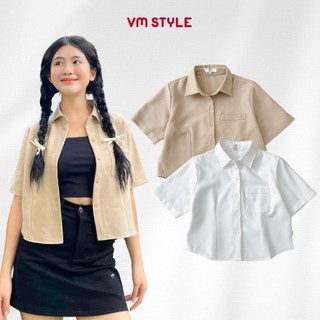 Áo sơ mi nữ VMSTYLE tay ngắn cổ bẻ croptop trơn 1 túi bên basic C07 - SMU00150