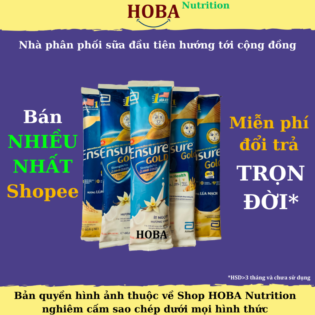 Sữa gói Ensure gold hương Vani, ít ngọt, cà phê, hạnh nhân (ăn chay), lúa mạch 60.6g