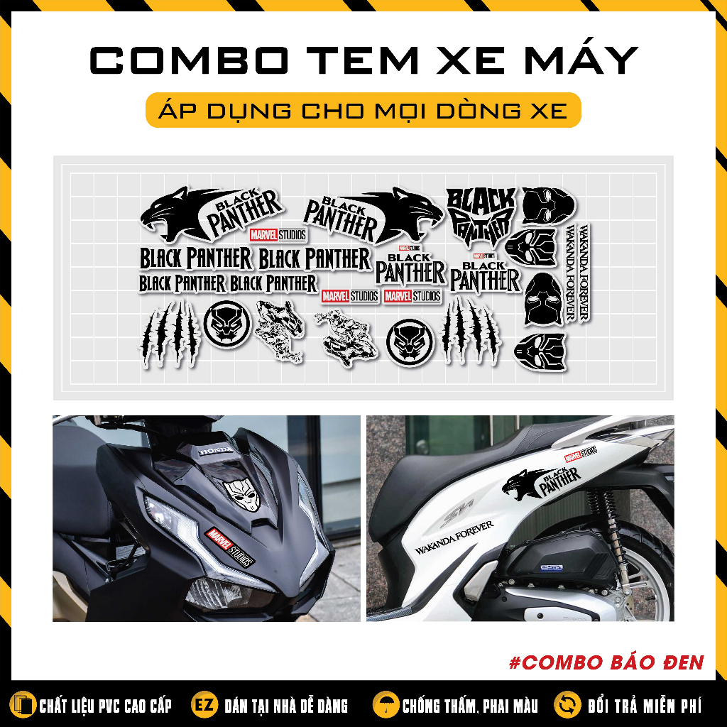 Combo  Sticker Dán Xe Máy Xe Điện Các Loại Mẫu Báo Đen | Team Decal Hình Dán SH Vespa Raider Exciter