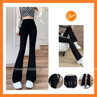 Quần ống loe nữ legging cham ôm body cạp cao chất umi hàn đen dài hack dáng chân dài miên man