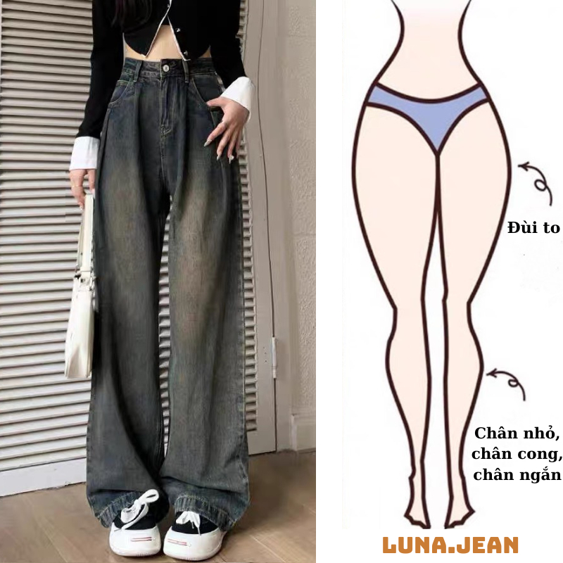 Quần jean nữ retro baggy CẠP CAO ống suông rộng LUNA, quần bò nam đen loang chất jeans cao cấp top xu hướng 2023