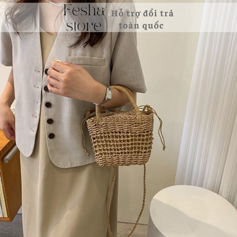 [SẴN] Túi cói đeo chéo có lót vải đi biển du lịch Vintage dễ thương_túi cói Hội An