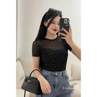 Áo lưới đen ôm body ngắn tay cổ tròn tôn dáng sexy
