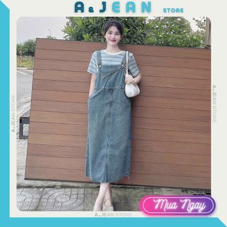 Yếm váy jean dáng dài phối tà lật xéo | a&jean store