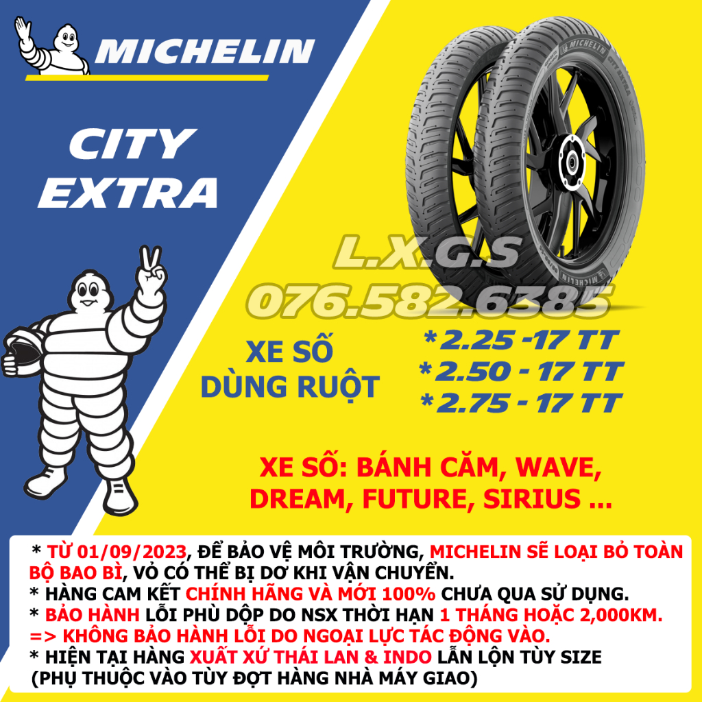 (VỎ DÙNG RUỘT) Vỏ lốp xe Michelin City Extra xài chuyên cho xe số, bánh căm size 2.25-17; 2.50-17 và 2.75-17, giá 1 cái