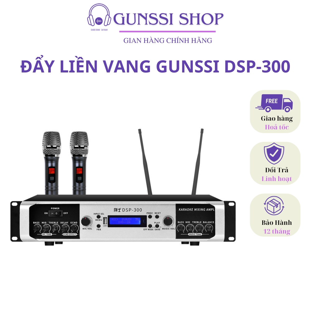 Đẩy liền vang Gunssi DSP-300, amly liền vang kèm 2 micro công suất lớn , chip chống hú,cổng quang họ
