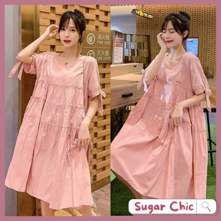 Đầm babydoll hồng tay thắt nơ dễ thương, đầm babydoll đơn giản đẹp, đầm bầu mặc nhà, đầm váy nữ thời trang