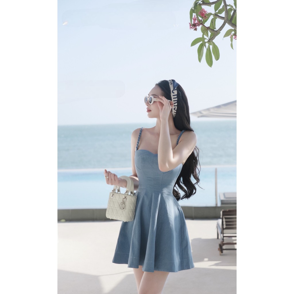 ĐẦM XÒE JEANS 2 DÂY THẮT BÍNH HÀNG THIẾT KẾ - ND Design