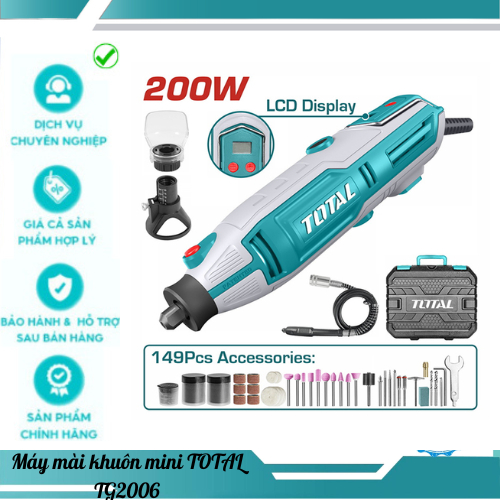 Máy mài khuôn mini TOTAL TG2006 200W, tốc độ không tải 10000-40000rpm, kích thước kẹp 3.2mm/2.3mm