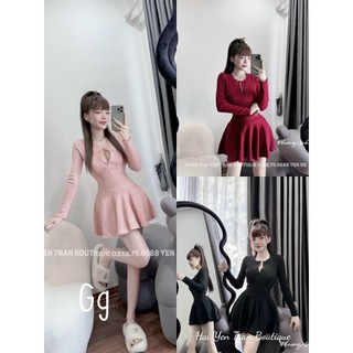 Đầm tay dài cài nút cổ dáng ngắn xòe trơn cực xinh , chất thun gân đũa mềm mịn