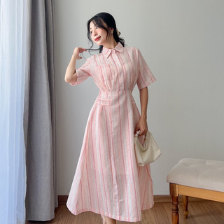 Váy Công Sở Nữ SANJOLI Chất Linen Sọc Dáng Dài Basic Đơn Giản Đầm Dài Sơ Mi Nhiều Màu Hồng Xanh Biển Mùa Hè VD002
