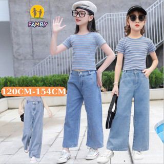 Quần jeans mềm ống rộng bé gái FAMBY quần bò cạp cao khóa kéo size đại cho bé 23-52kg