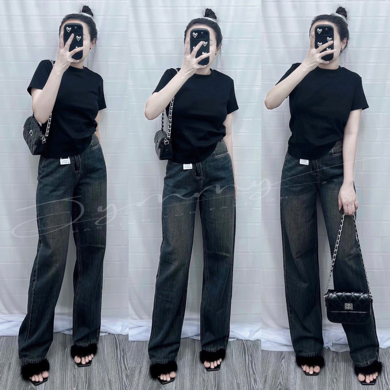 Quần Jean Nữ Ống Suông Lưng Cao Màu Xanh Ánh Rêu Wax Trơn (106cm)