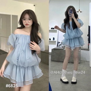 Set váy voan trễ vai tay bồng đính nơ eo nhún tiểu thư, set bộ nữ tơ hàn trễ vai bánh bèo hai màu xanh kem hàng loại 1