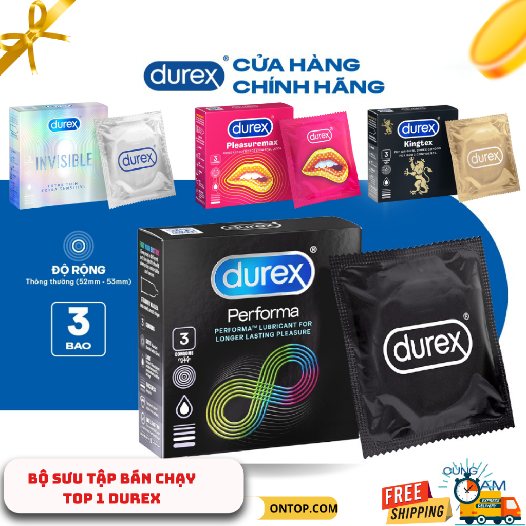 Bao cao su Durex Performa kéo dài thời gian, size 52mm loại 3c và 12c