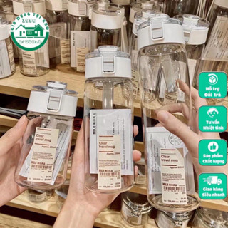  Bình nhựa đựng nước Muji trong suốt 350ml 550ml 800ml cao cấp có nắp chống tràn và quai đeo silicone 