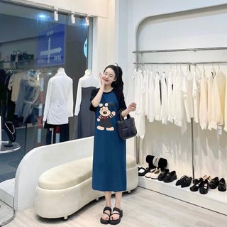 Váy thun dáng dài, đầm suông bầu chất cotton Gemmy Shop in hình Puppy giáp lăng