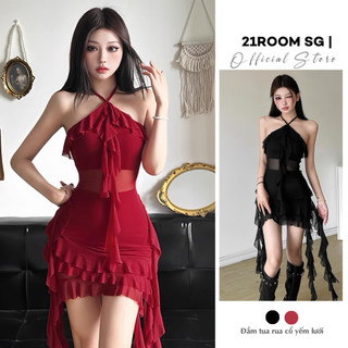 D122 Đầm Dự Tiệc Nữ 21ROOM Tua Rua Cổ Yếm Dáng Ngắn Phối Lưới Sexy Quyến Rũ Đi Tiệc Đi Quẩy Thời Trang Nữ