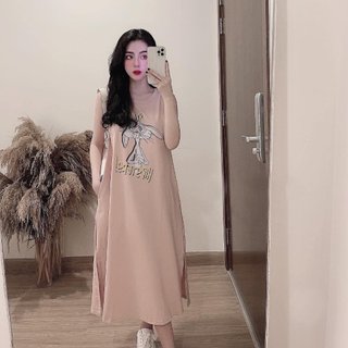 Váy thun dáng dài, đầm suông bầu chất cotton Gemmy Shop in hình Thỏ sát nách