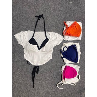 Set áo cặp bra kèm áo croptop ngoài chất thun lụa cài nút ngực