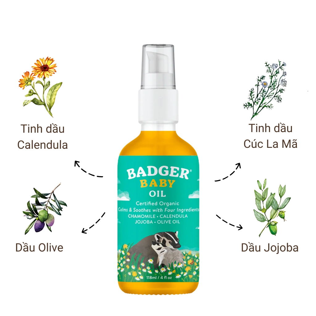 Dầu hữu cơ dưỡng da, massage cho em bé Badger Organic Baby Oil - hạn chế khô da, giúp da ẩm mềm - 118ml